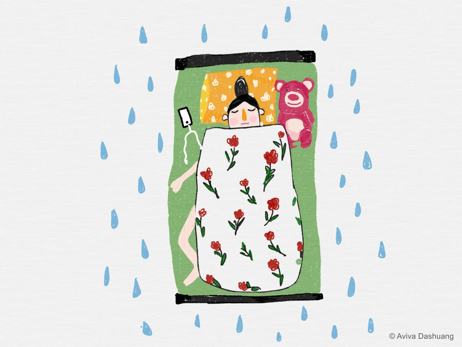 雨天窗边床铺与花朵被单插画