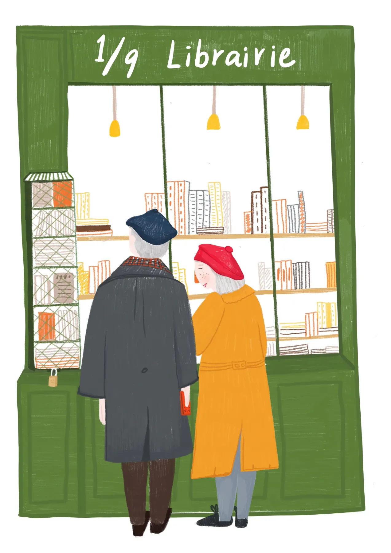 Two readers standing at a bookshop window