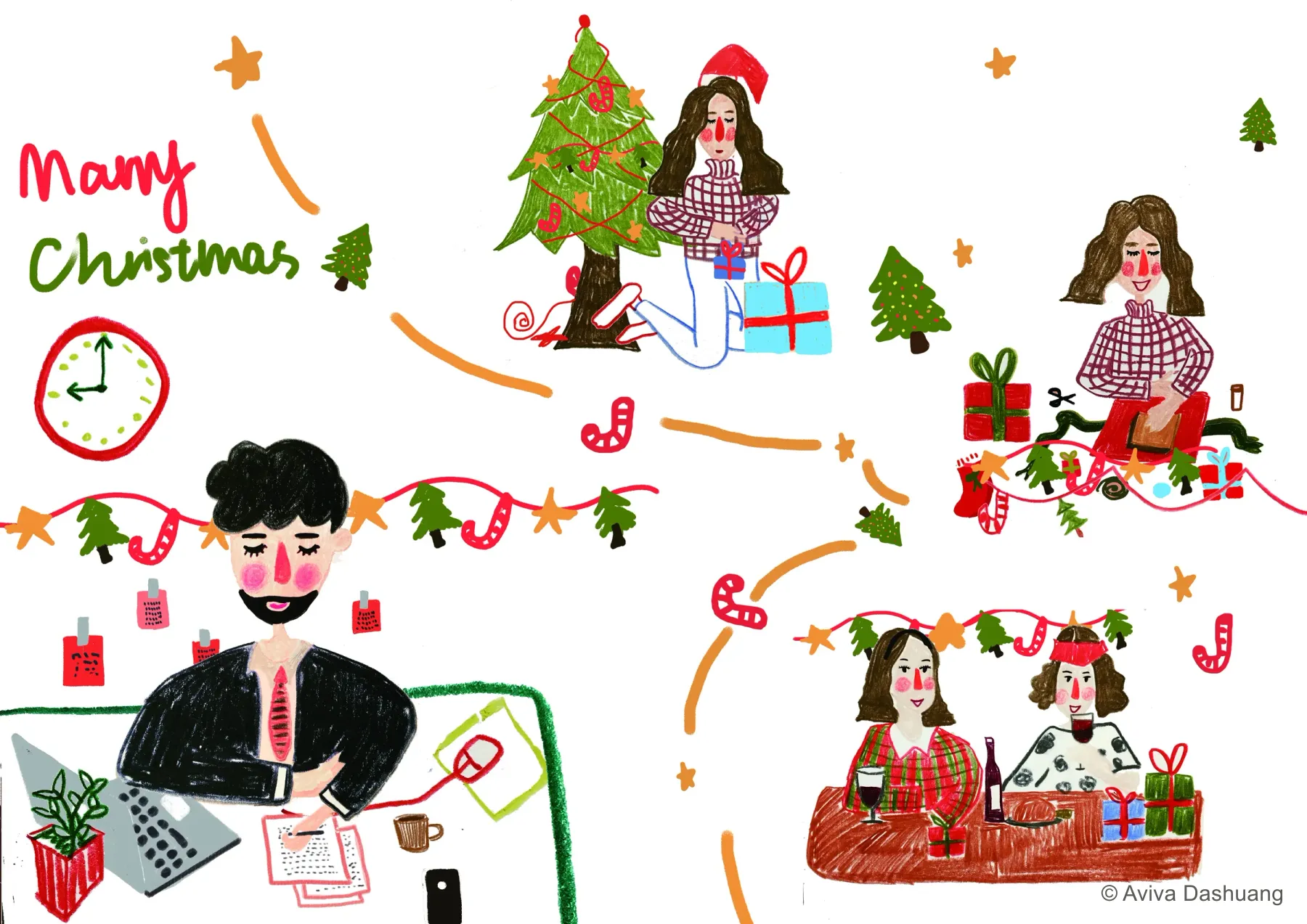 Christmas gifts, characters, and festive work scenes