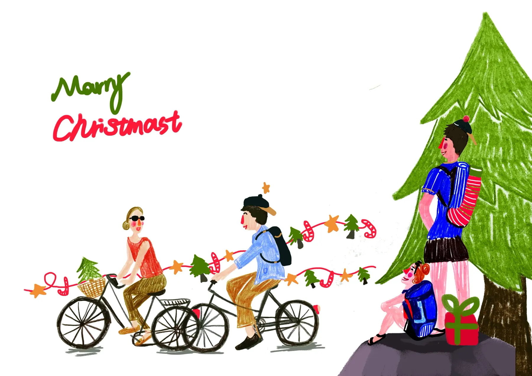 Cycling characters and Christmas tree scene