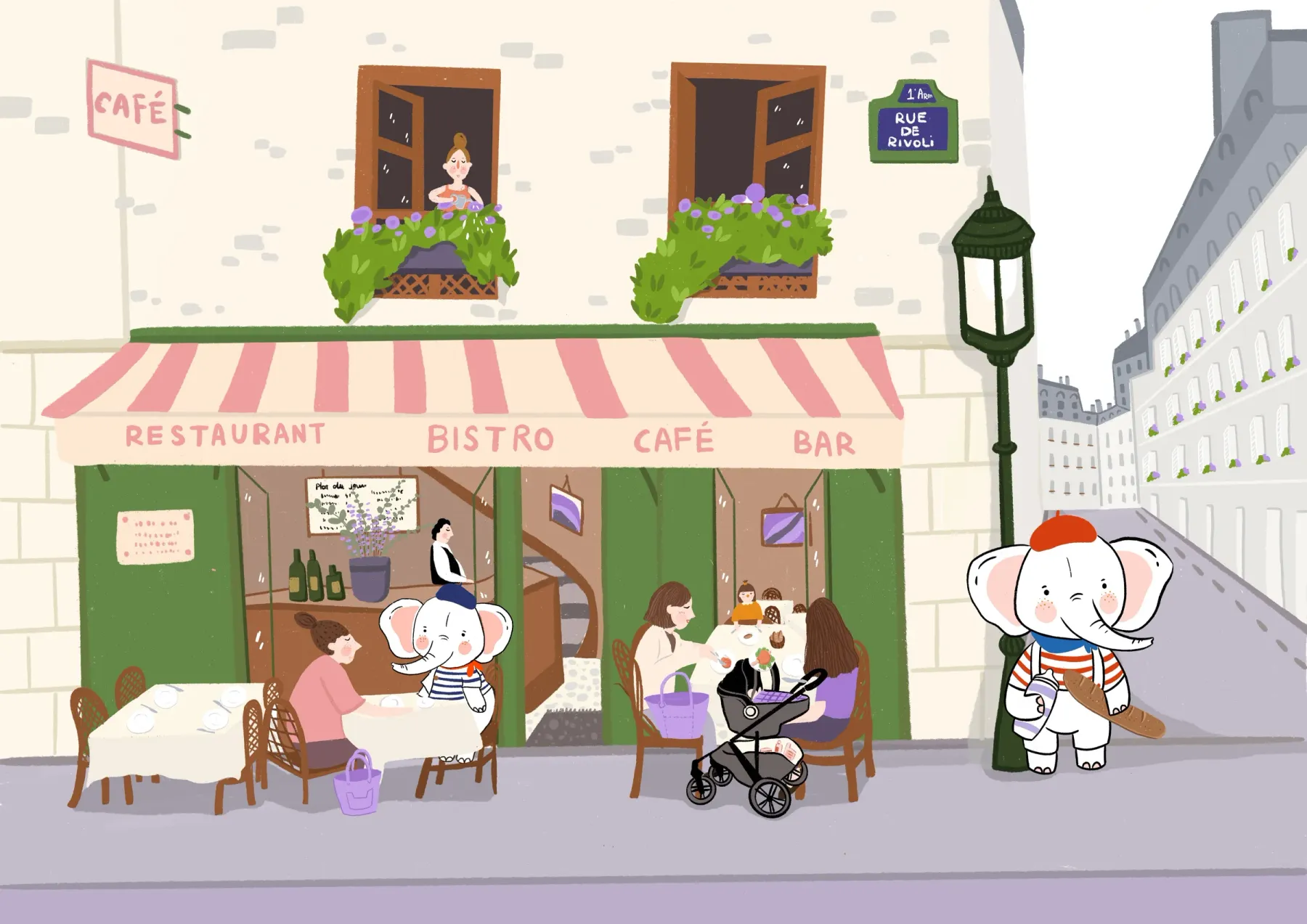 Street-corner bistro scene with diners and elephant characters