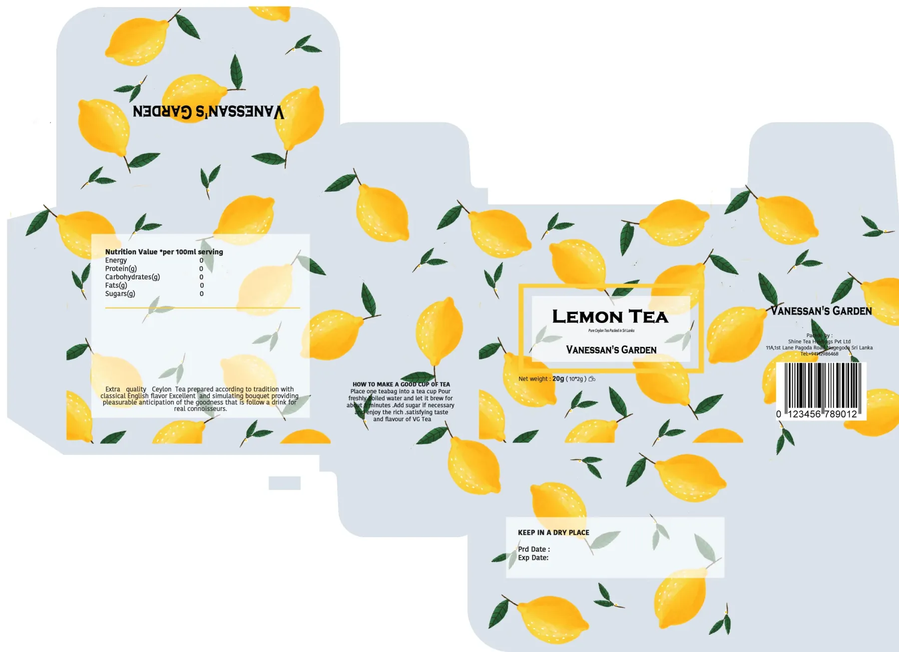 Tea packaging dieline with lemons and leaves