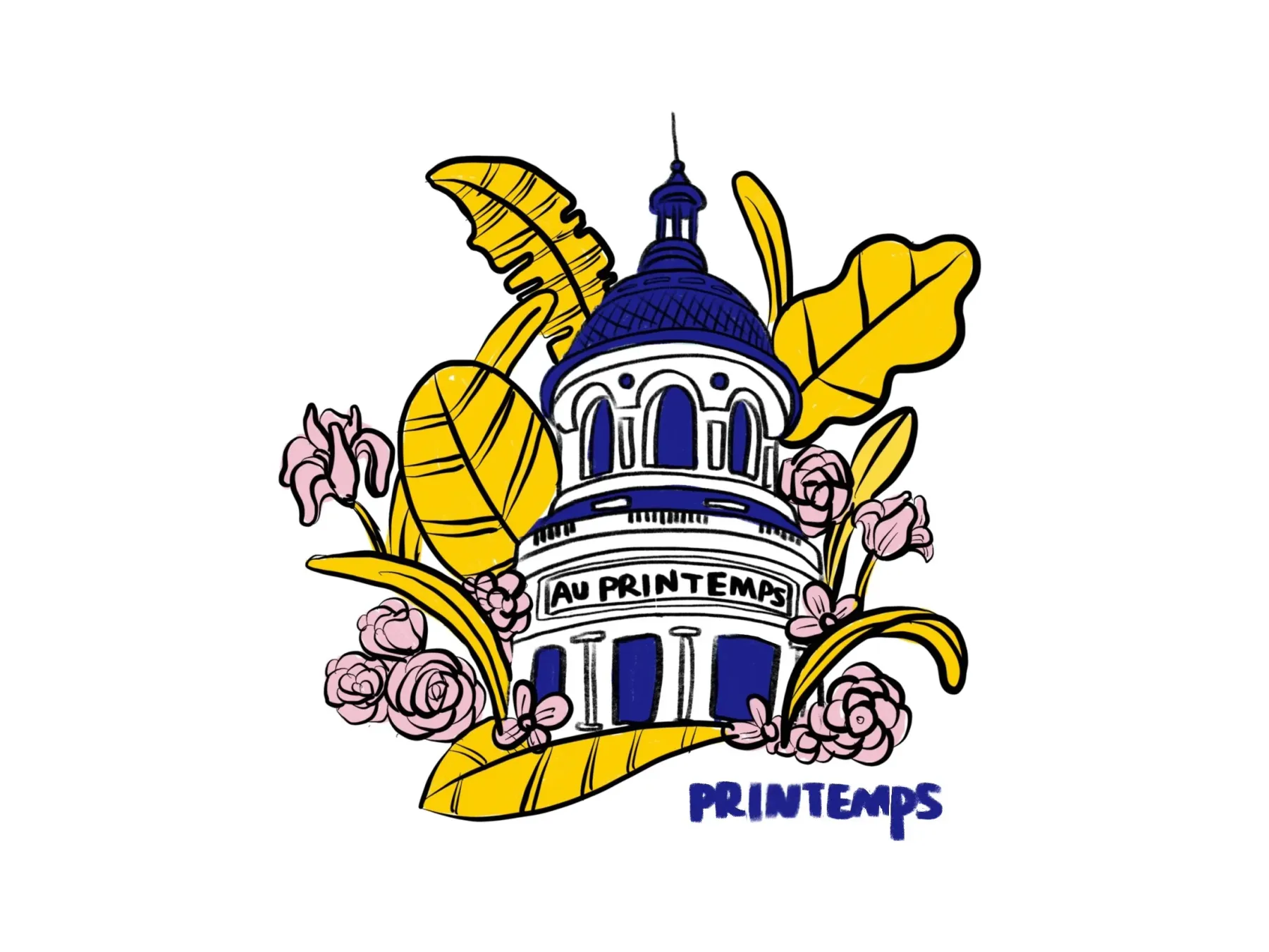Paris dome with flowers and blue-and-yellow graphic shapes