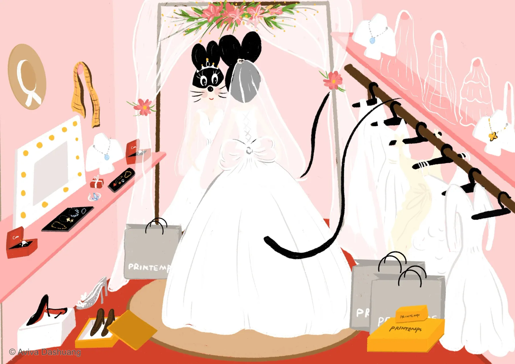 Illustrated bridal fitting scene in a pink interior