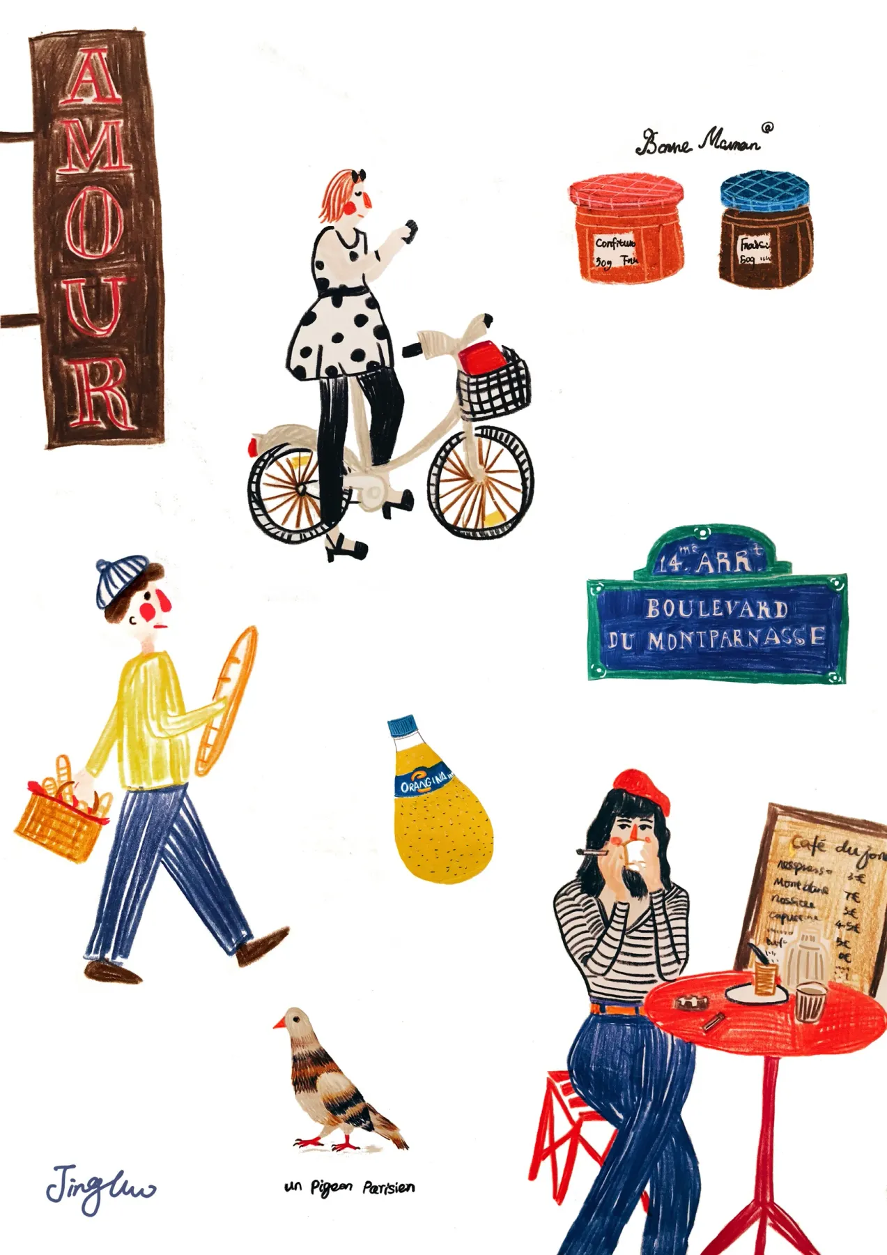 Collection of Paris characters, food, and city motifs