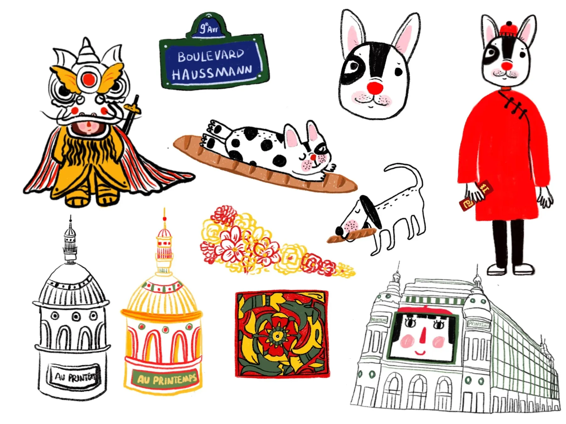 Paris buildings, animal characters, and neighborhood motifs