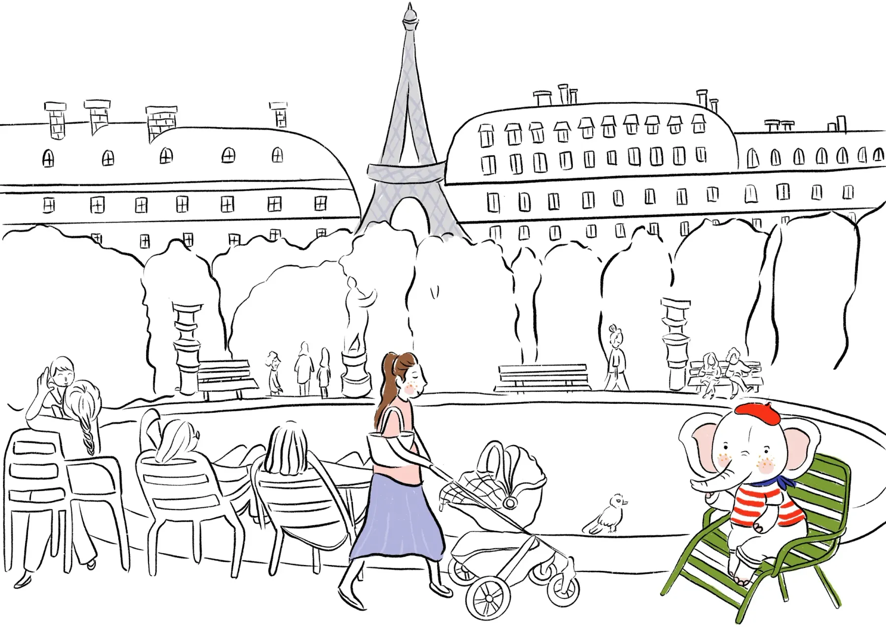 Paris terrace line drawing with a woman and elephant character