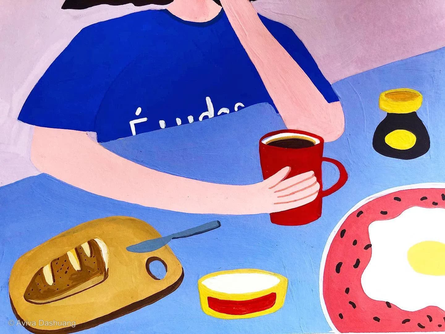Gouache breakfast scene with a figure, coffee, egg, and bread on a blue table