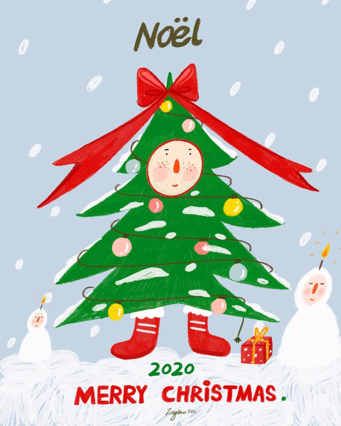 Christmas tree formed by character figures in a snowy festive scene