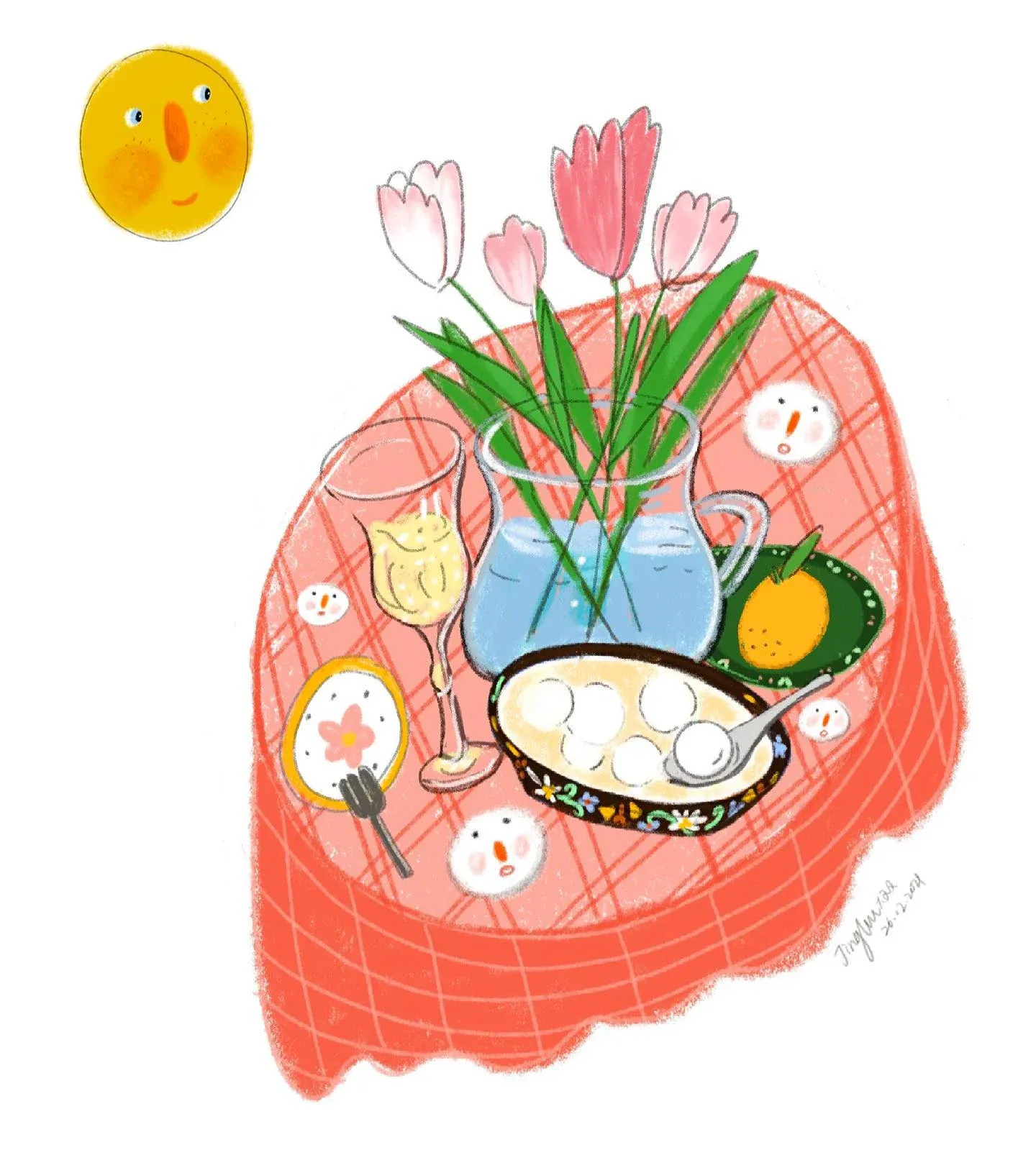 Lantern Festival table illustration with flowers, tangyuan, and festive objects