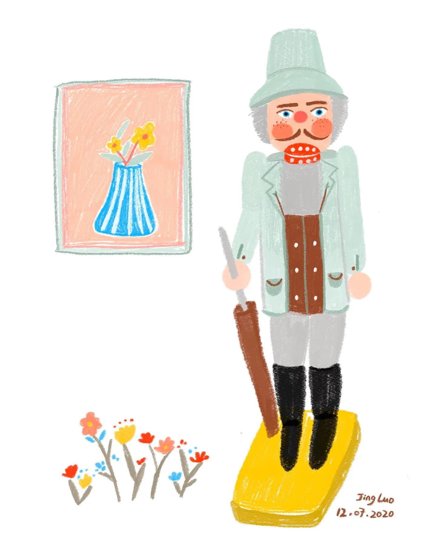 Hand-drawn nutcracker character with a flower vase and small botanical details