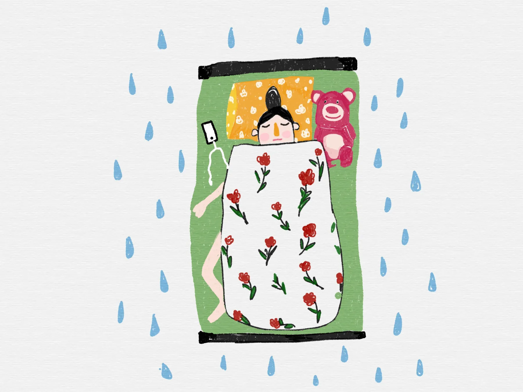 雨天窗边床铺与花朵被单插画